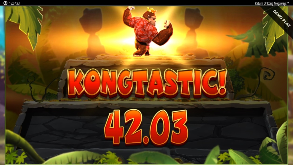 Return Of Kong Megawaysのフリースピンが終わった時の画像。KONGTASTIC!と表示されている。