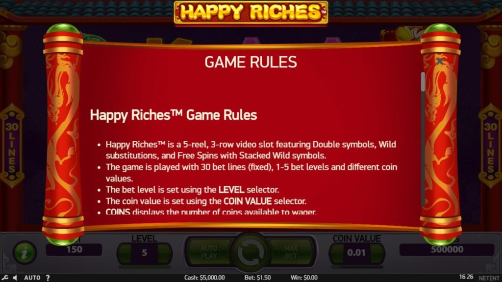 HAPPY RICHESのゲームルール画面。