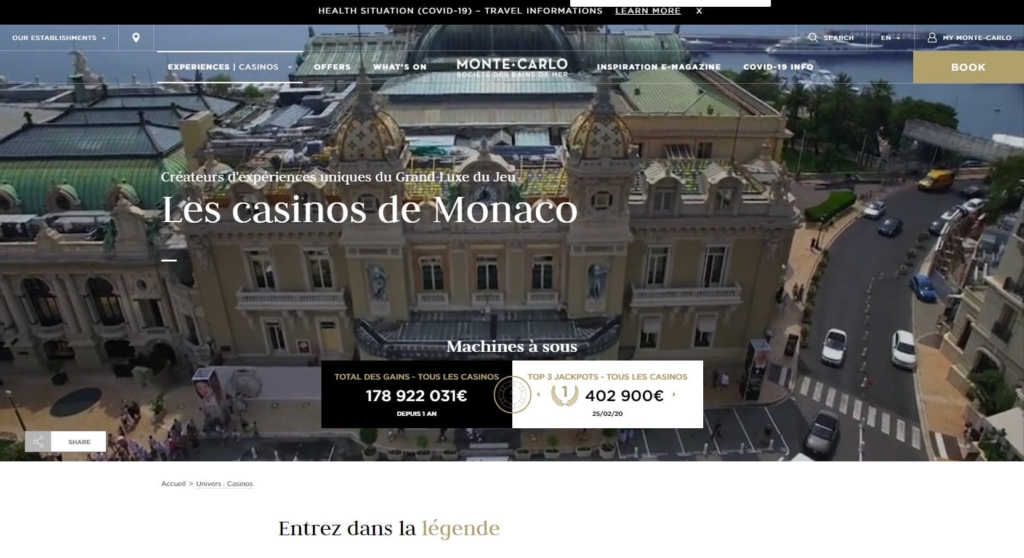 カジノ・ド・モンテカルロのウェブサイト画像。