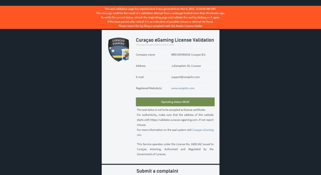 ベラジョンカジノのCuraçao eGaming License Validation画像。